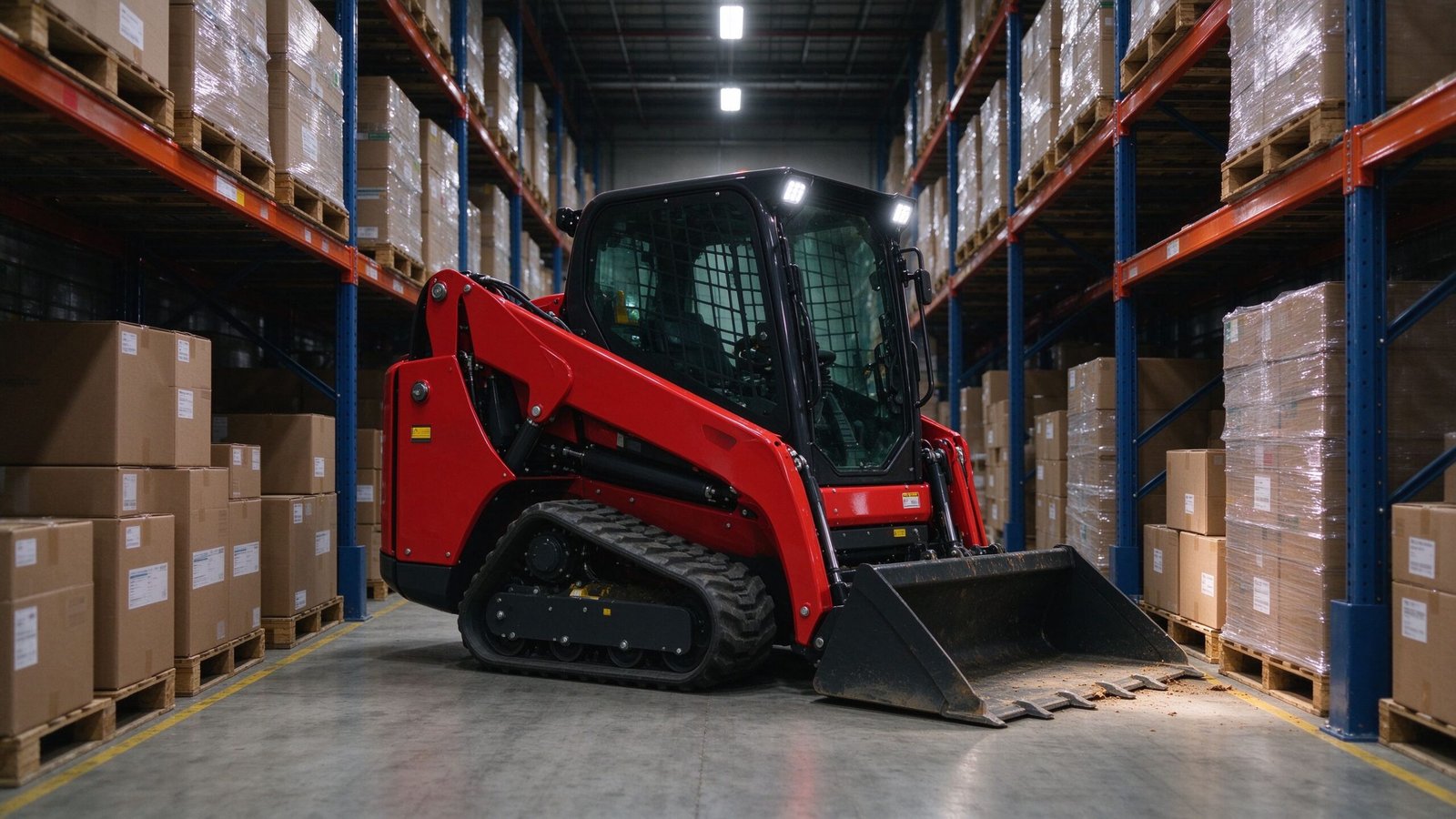 Electric mini skid steer loader - small red electric skid steer working in a narrow warehouse aisle between racks