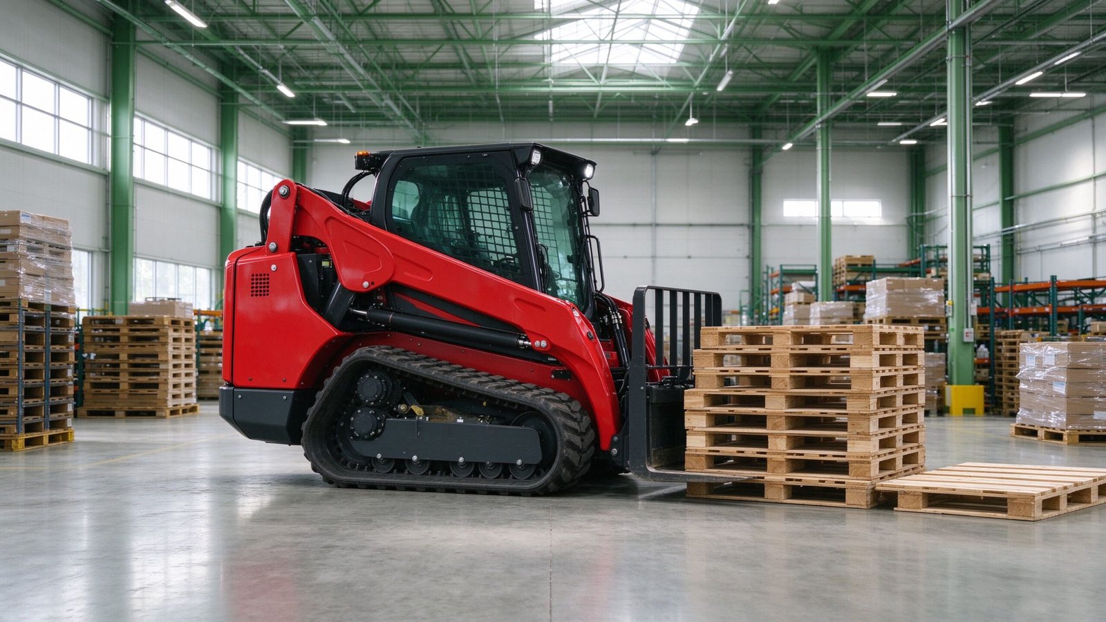 Red electric skid steer loader working quietly indoors in a clean warehouse