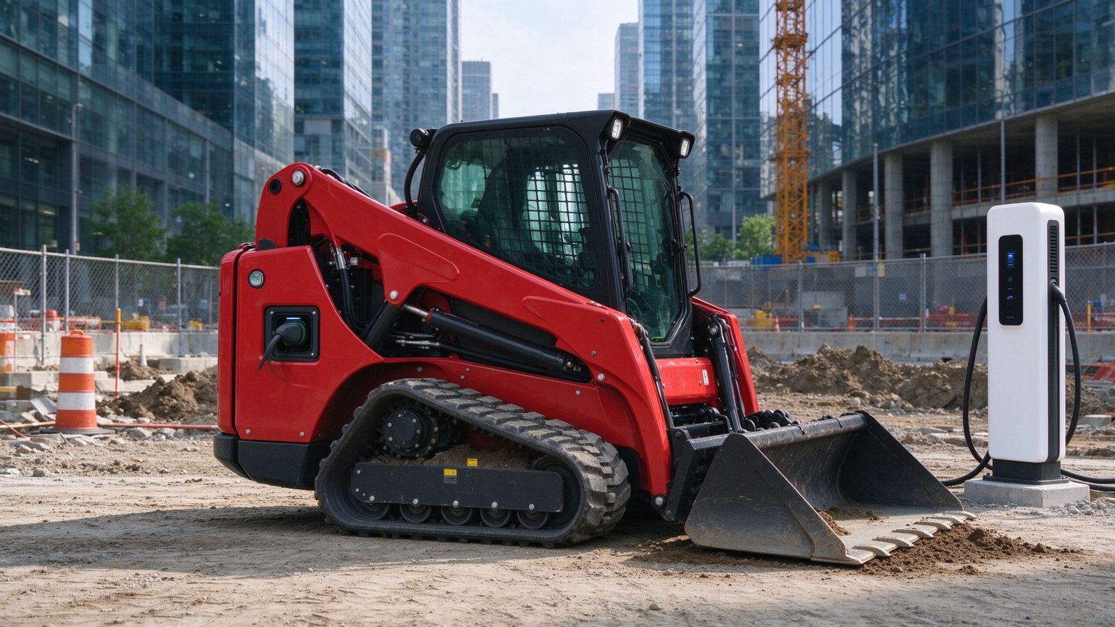 Electric skid steer loader - red electric skid steer plugged into a charging station at an urban construction site