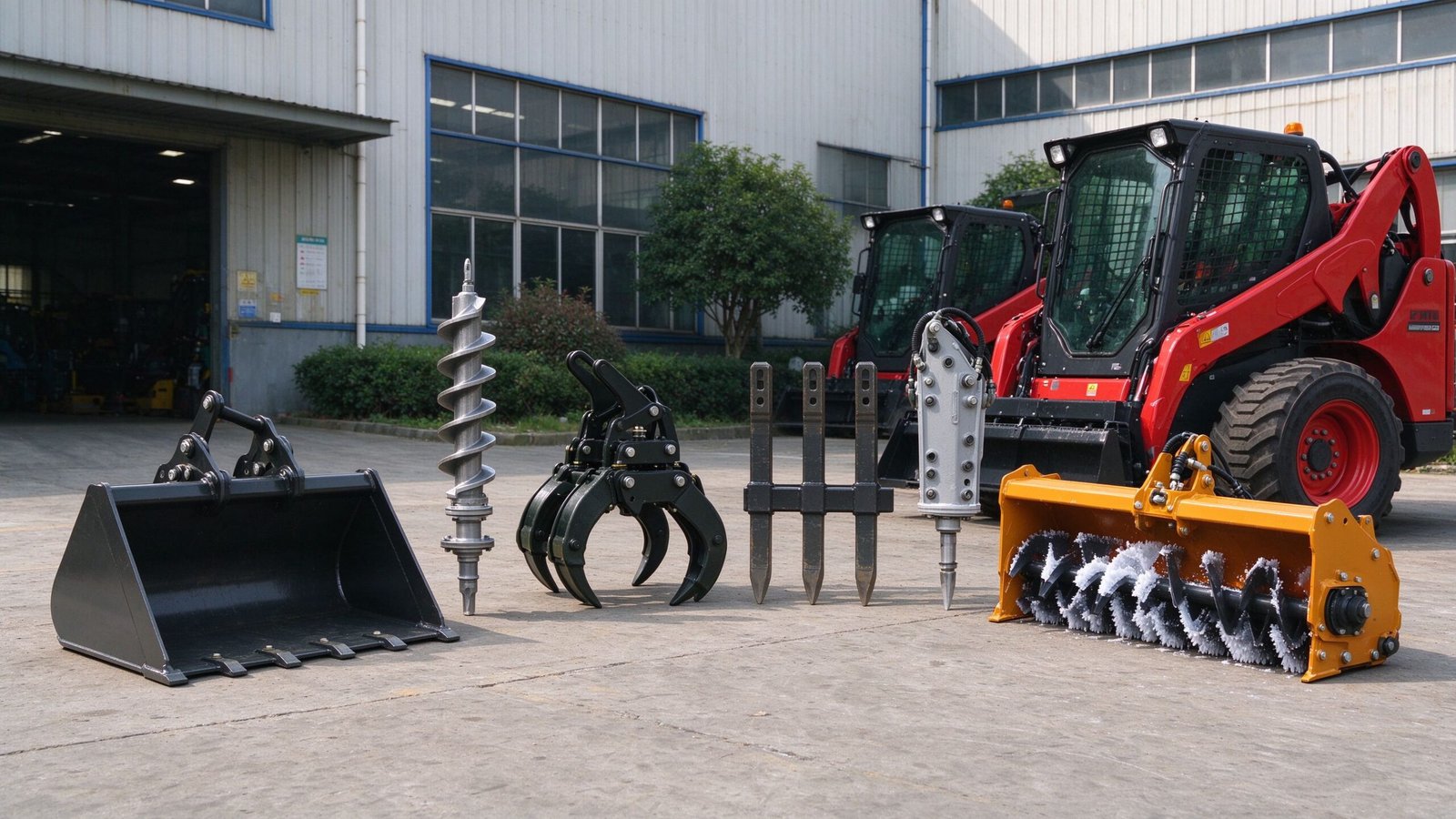 Skid steer attachments guide - row of buckets, auger, grapple, forks and breaker next to a red skid steer loader