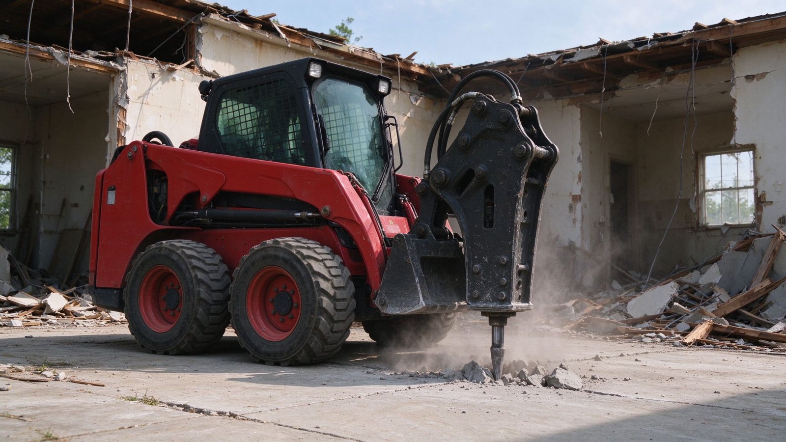 Red skid steer loader with a hydraulic breaker attachment demolishing concrete floor showing skid steer for demolition work