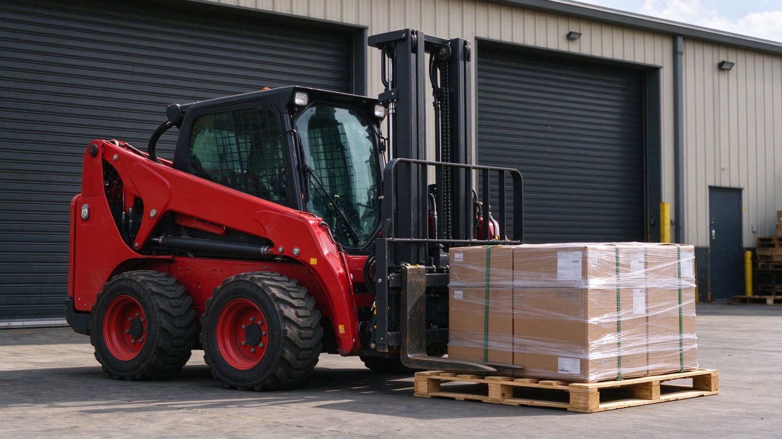 Skid steer for material handling - red skid steer with pallet forks carrying a loaded pallet outside a warehouse