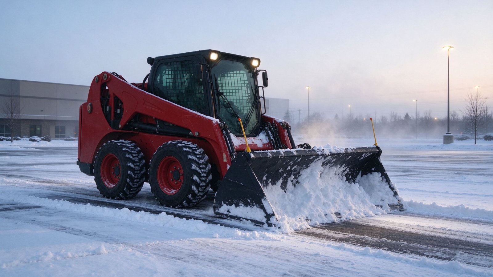 Red skid steer loader pushing snow across a commercial parking lot at dawn showing skid steer for snow removal work