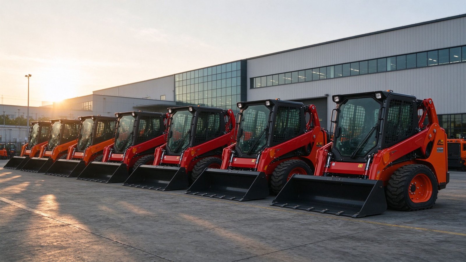 Skid steer loader buying guide - row of new red and orange skid steer loaders at a factory yard