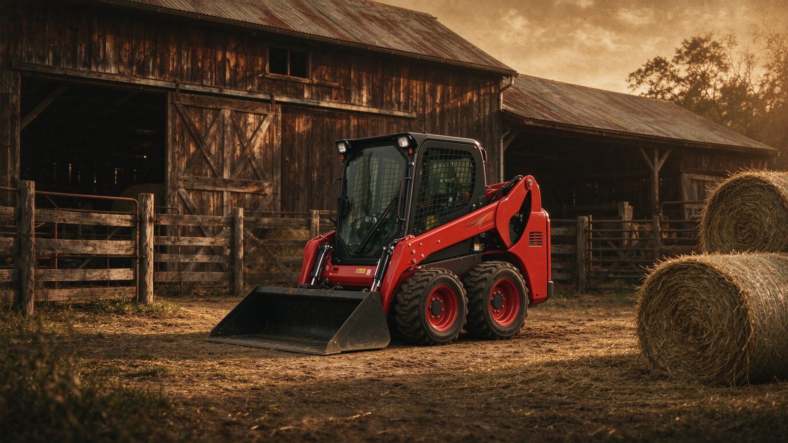 Red compact skid steer loader parked beside a rustic wooden barn illustrating skid steer loader history
