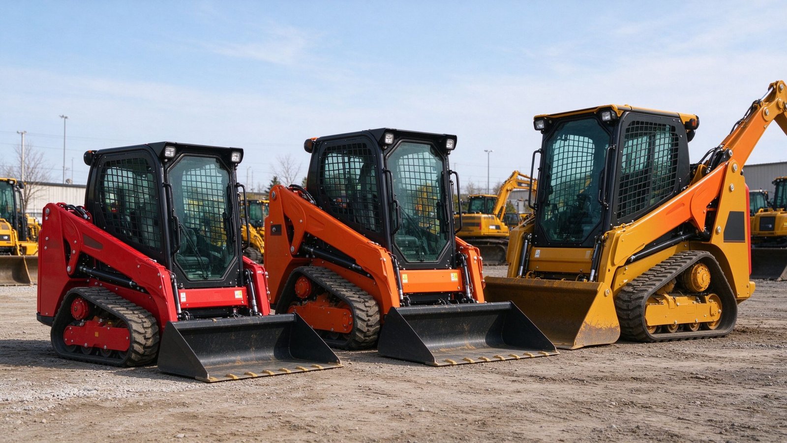 Three skid steer loaders of different sizes lined up side by side showing skid steer loader size comparison