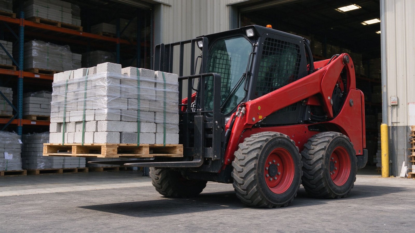 Red skid steer loader carrying a wooden pallet on skid steer pallet forks in a warehouse aisle