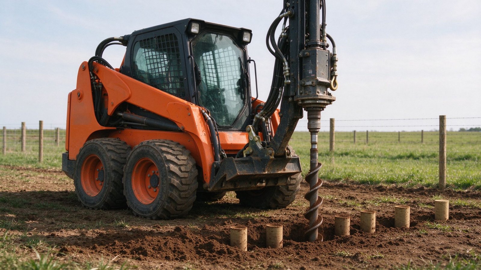 Skid steer post hole digger auger drilling neat cylindrical holes in a field along a fence line