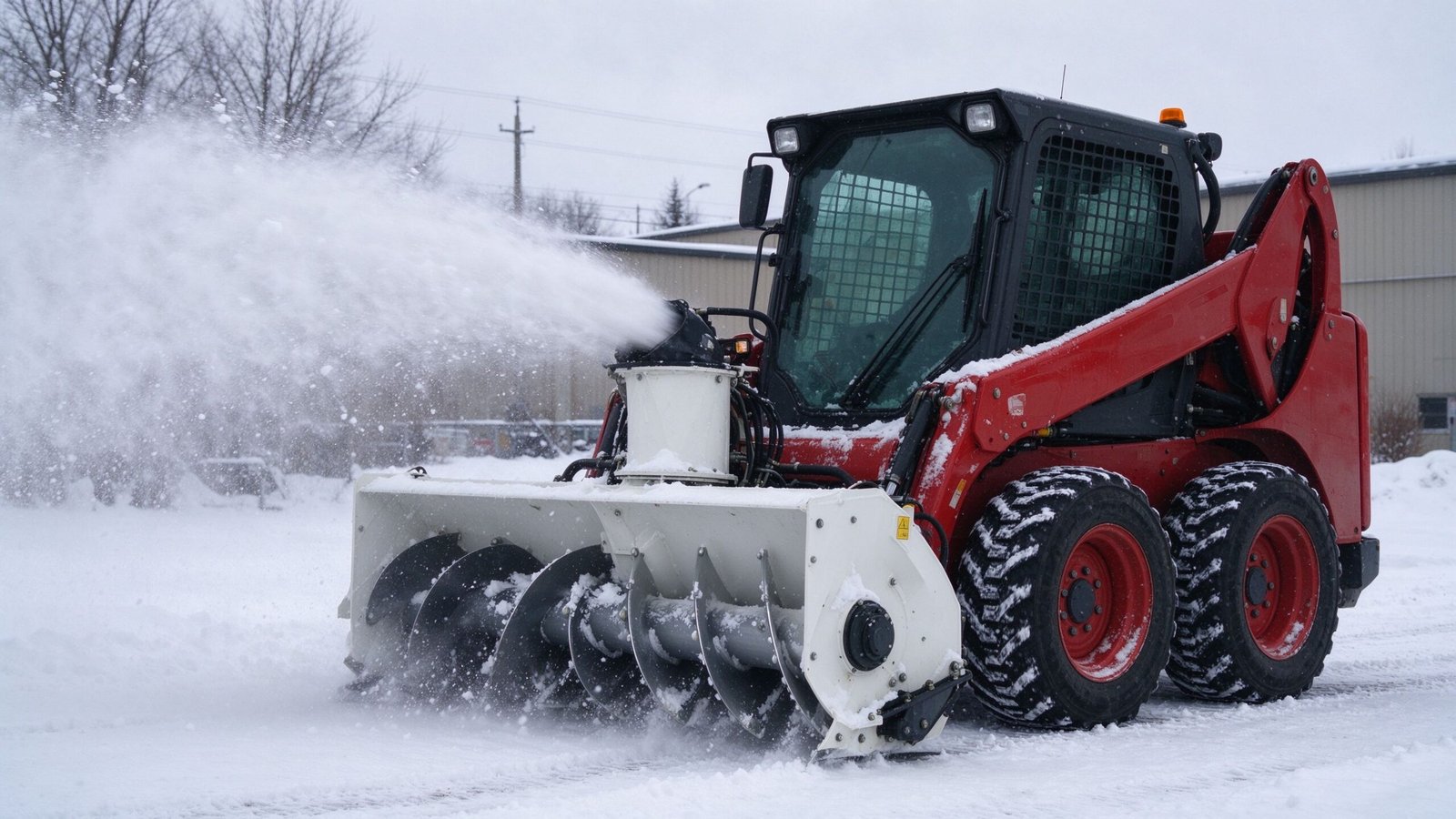 Red skid steer loader with a white skid steer snow blower attachment throwing a stream of snow in winter