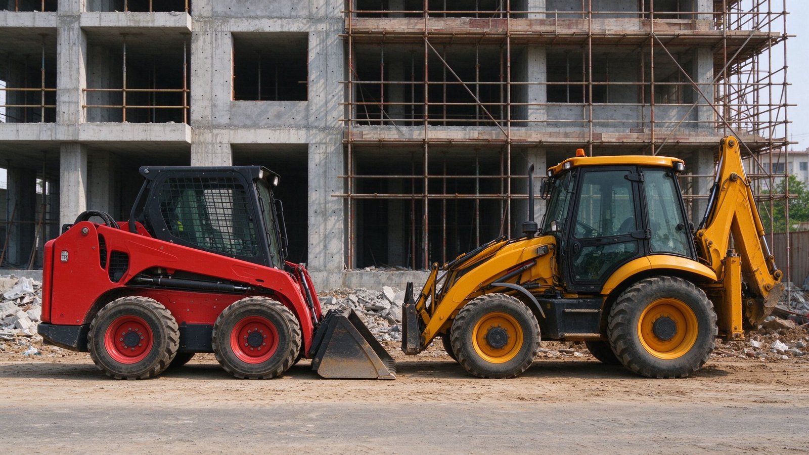 Red skid steer loader parked beside a yellow backhoe loader on a construction site showing skid steer vs backhoe comparison