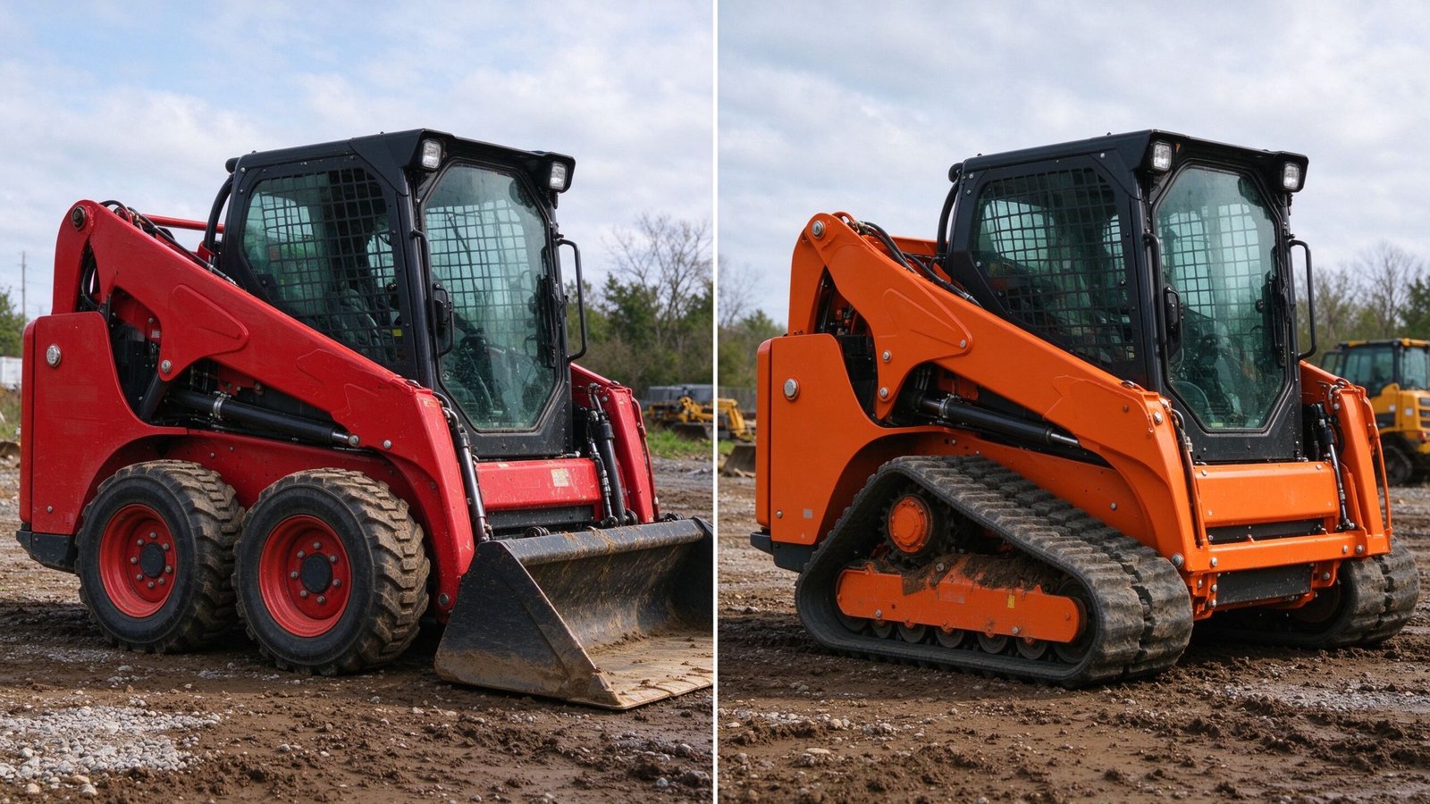 Side-by-side comparison of a wheeled red skid steer loader and an orange compact track loader on muddy ground
