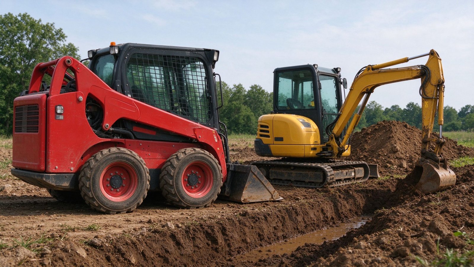 Red skid steer loader parked next to a small yellow excavator on a dig site showing skid steer vs excavator comparison