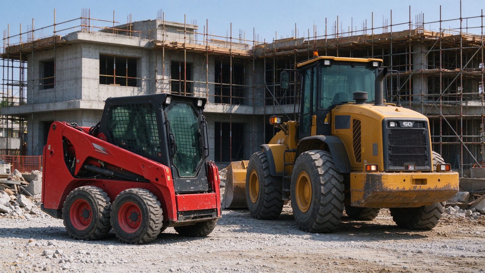 Skid steer vs wheel loader shown side by side — a red compact skid steer next to a larger yellow wheel loader on a construction site