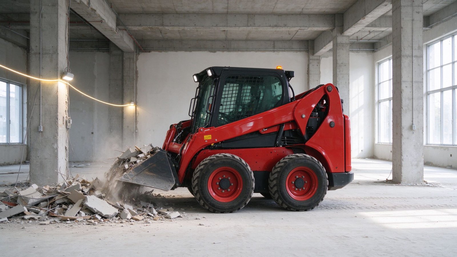 Zero emission skid steer loader cleaning debris inside a bright unfinished indoor building with no exhaust pipe